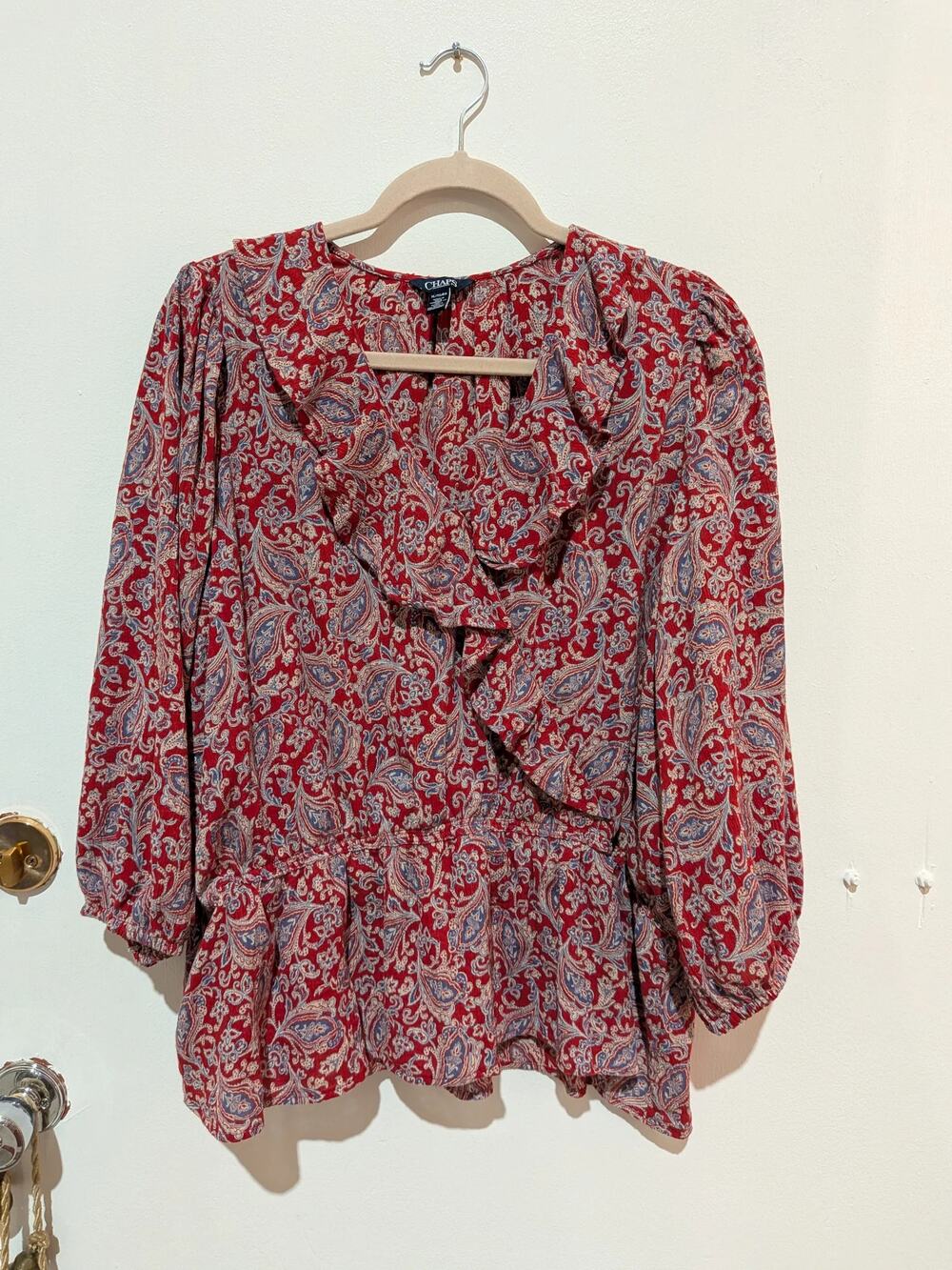 Chaps Ruffled Paisley Blouse Red Size 14